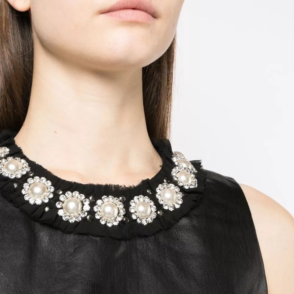 Alice + Olivia Coley Black Faux Leather Rhinestone Pearl Dress Sz 12 $495 NWT